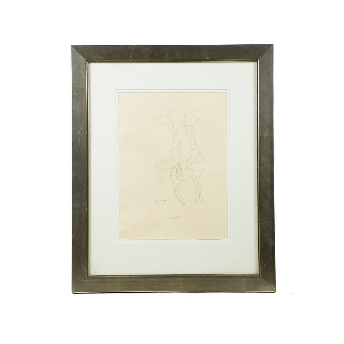 Todd Murphy Signed "2 Camel" Graphite on Paper: A vintage graphite on paper drawing by Todd Murphy (American, 1962-) titled "2 Camel" depicting a pair of giraffes. It is signed and presented in a silver-tone wooden frame under a white mat behind gl