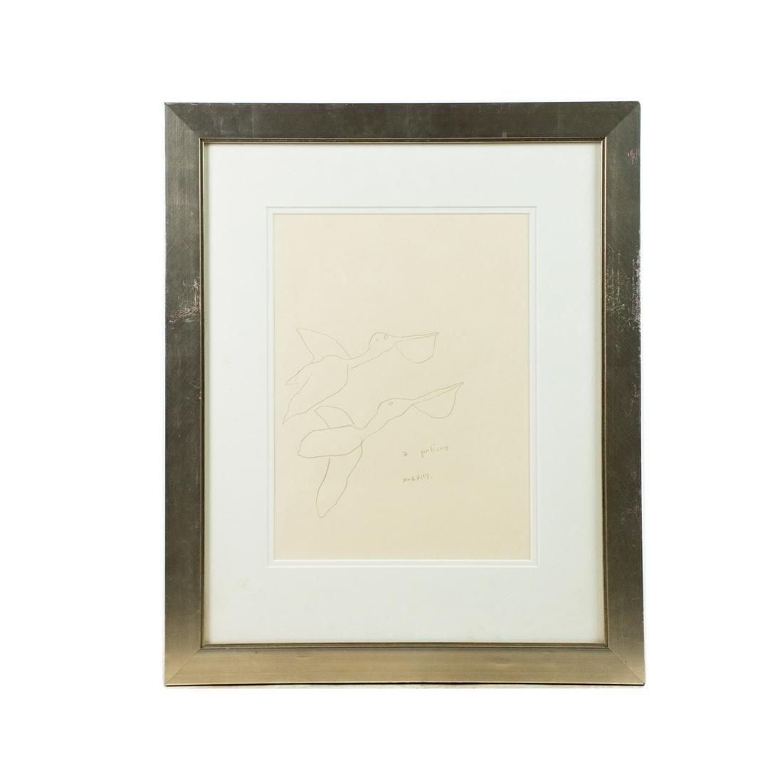Todd Murphy "2 Pelicans" Signed Graphite on Paper: A vintage graphite on paper drawing by Todd Murphy (American, 1962-) titled "2 Pelicans" depicting a pair of pelicans. It is signed and presented in a silver-tone wooden frame under a white mat behind