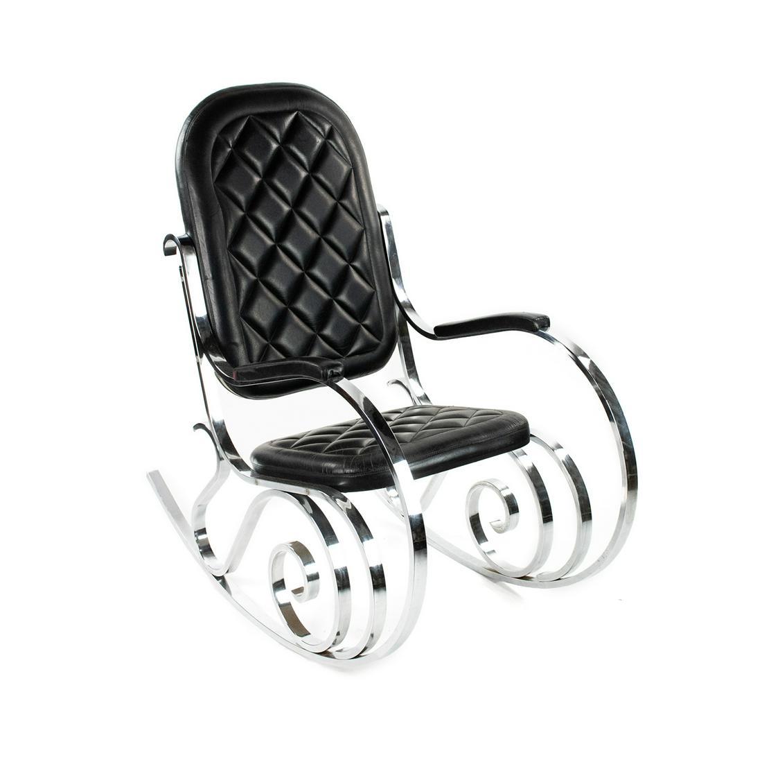 1970s Maison Jansen Flat Bar Chrome Rocking Chair: A 1970s vintage Maison Jansen rocker constructed of chrome steel flat bar formed into a modern take of the classic bentwood rocking chair having black leather tufted upholstery. Unmarked. Tag on under