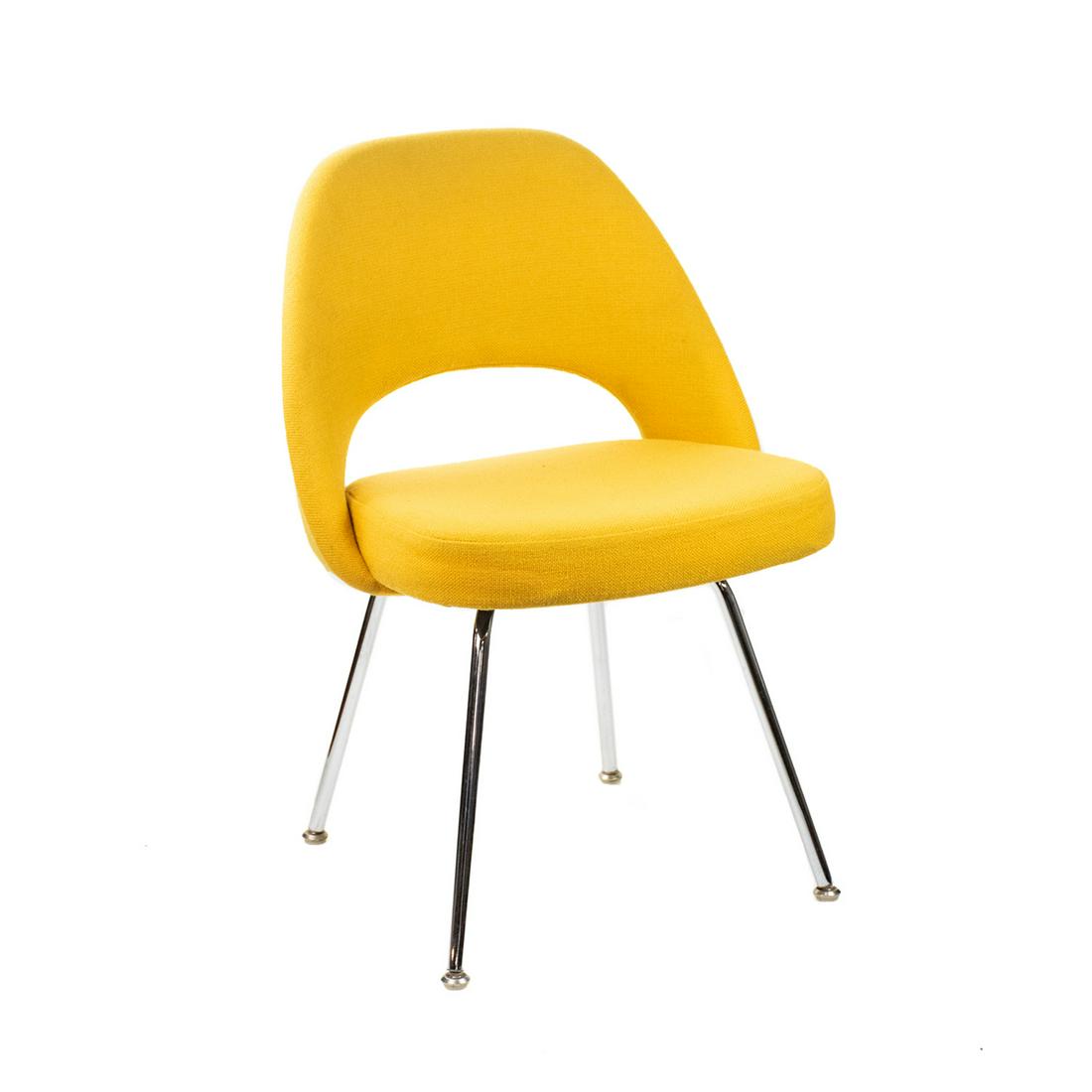 Knoll Saarinen Executive Side Chair: A vintage Mid-Century Modern Knoll Saarinen Executive side chair having "Chenille Helios" mustard yellow upholstery and tubular steel legs completed with a chrome finish. It is labeled on the undersid