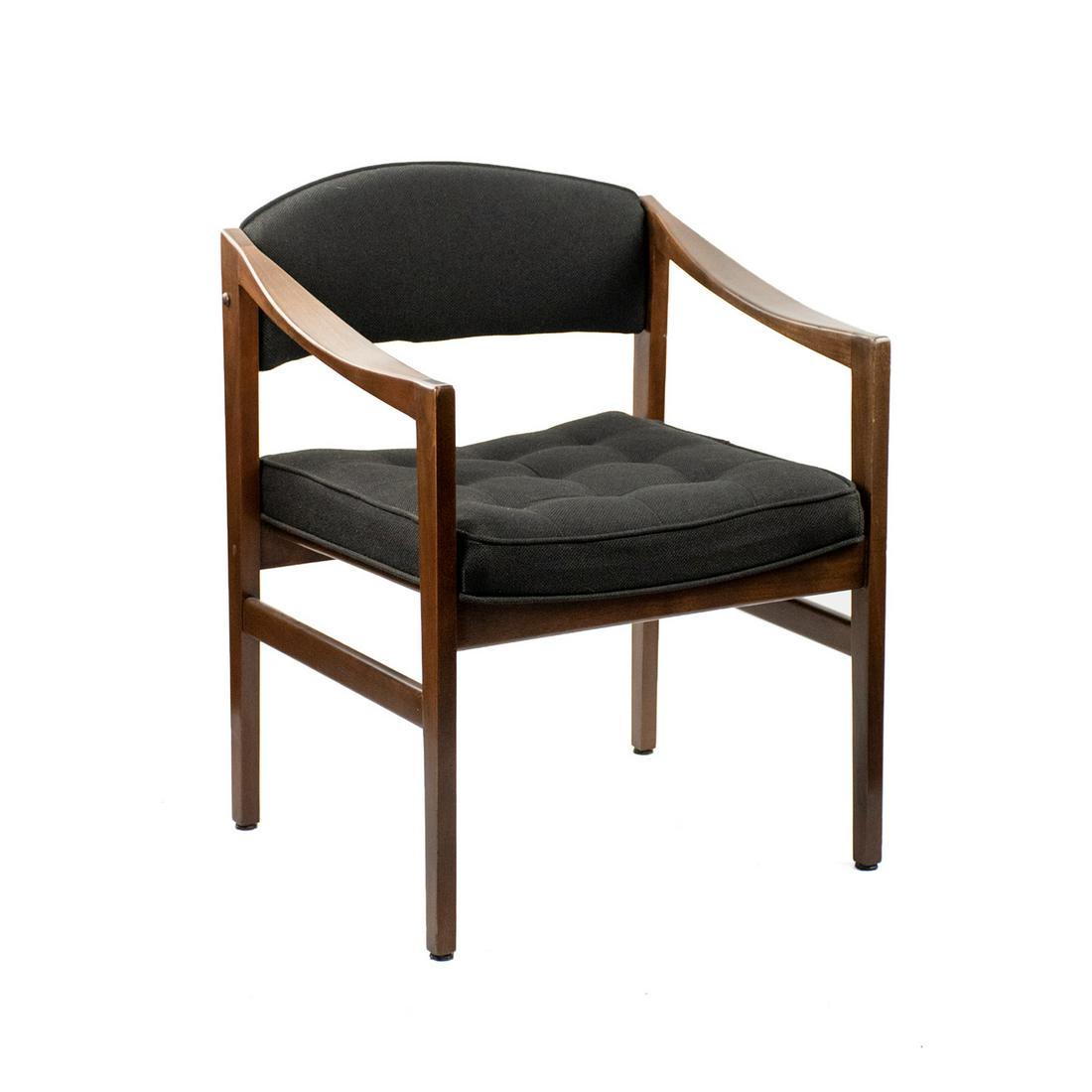 Edward Wormley for Dunbar â€œQuinnâ€ Armchair: A vintage Mid-Century Modern Edward Wormley (American, 1907-1995) for Dunbar Model 1170 â€œQuinn” armchair having a walnut frame with sloping arms and black tweed upholstery with a buttonles