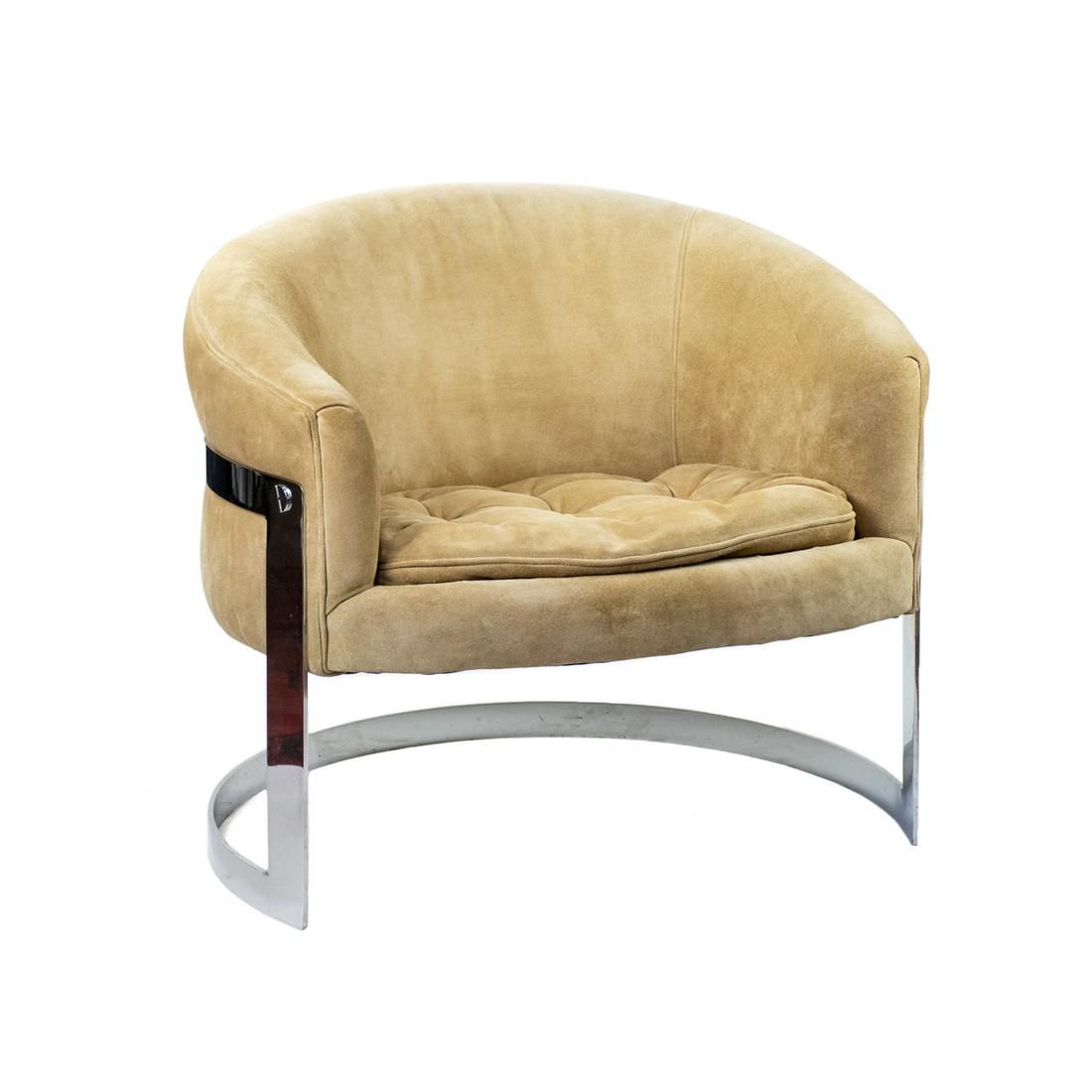 Milo Baughman Cantilever Barrel Back Lounge Chair: A vintage Mid-Century Modern Milo Baughman cantilever barrel back lounge chair having ochre suede upholstery with a button tufted seat cushion and a flat bar steel frame completed with a chrome finish