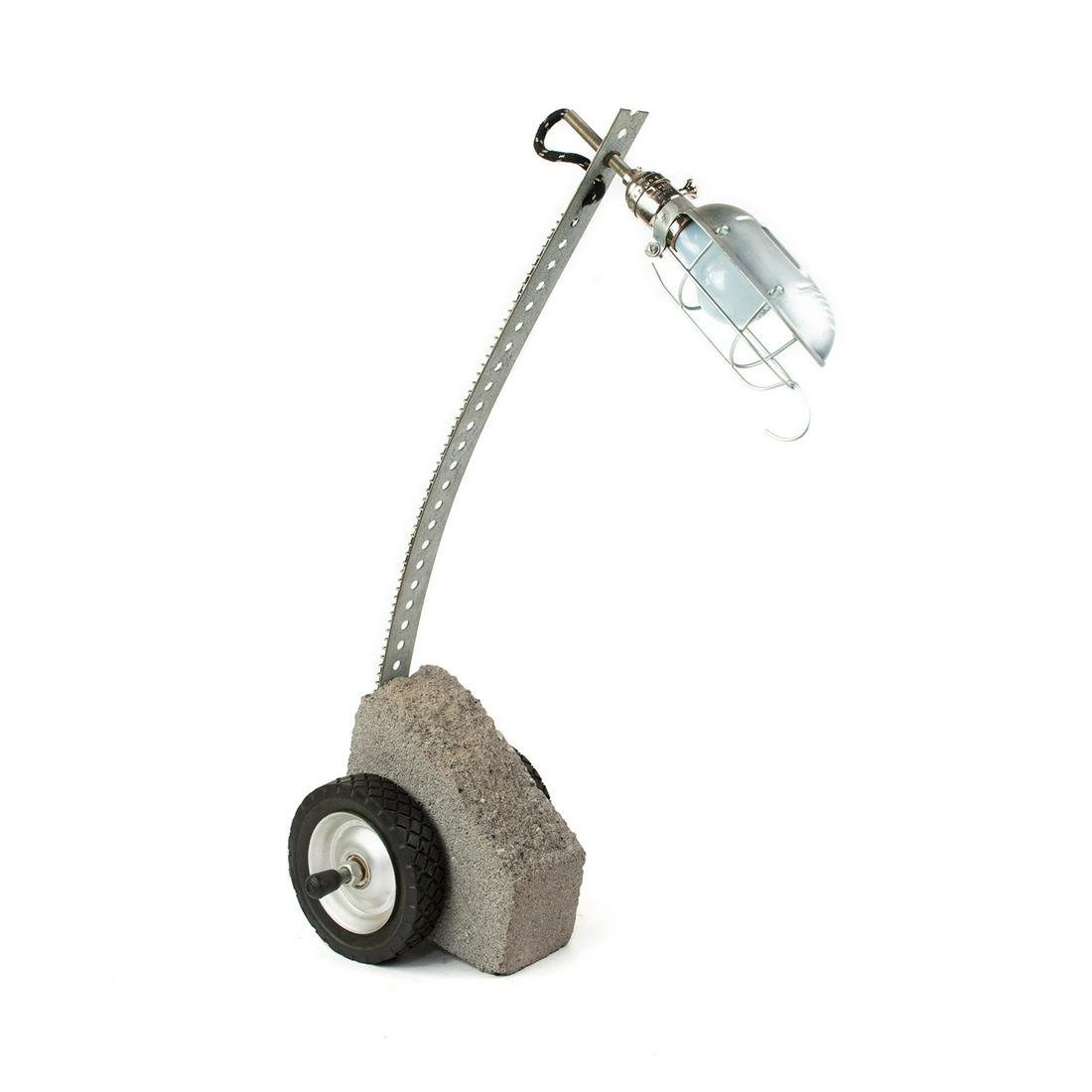 W. Chester Old 'Speed of Light' Sculptural Lamp C. 1986: W. Chester Old (American, 20th Century) sculptural table/floor lamp titled ”Speed of Light" constructed from industrial materials including concrete block. stamped metal and fitted with rubber t