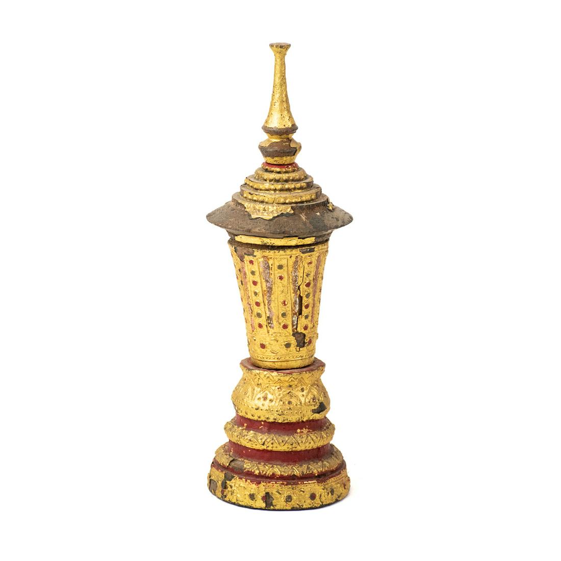 19th C Burmese Gilt Wood Alms Temple Urn: A 19th century Burmese carved wood with gold gilt and gesso overlay alms bowl urn. Possibly royal funerary use. The urn has a carved base lid and finial that is detached.