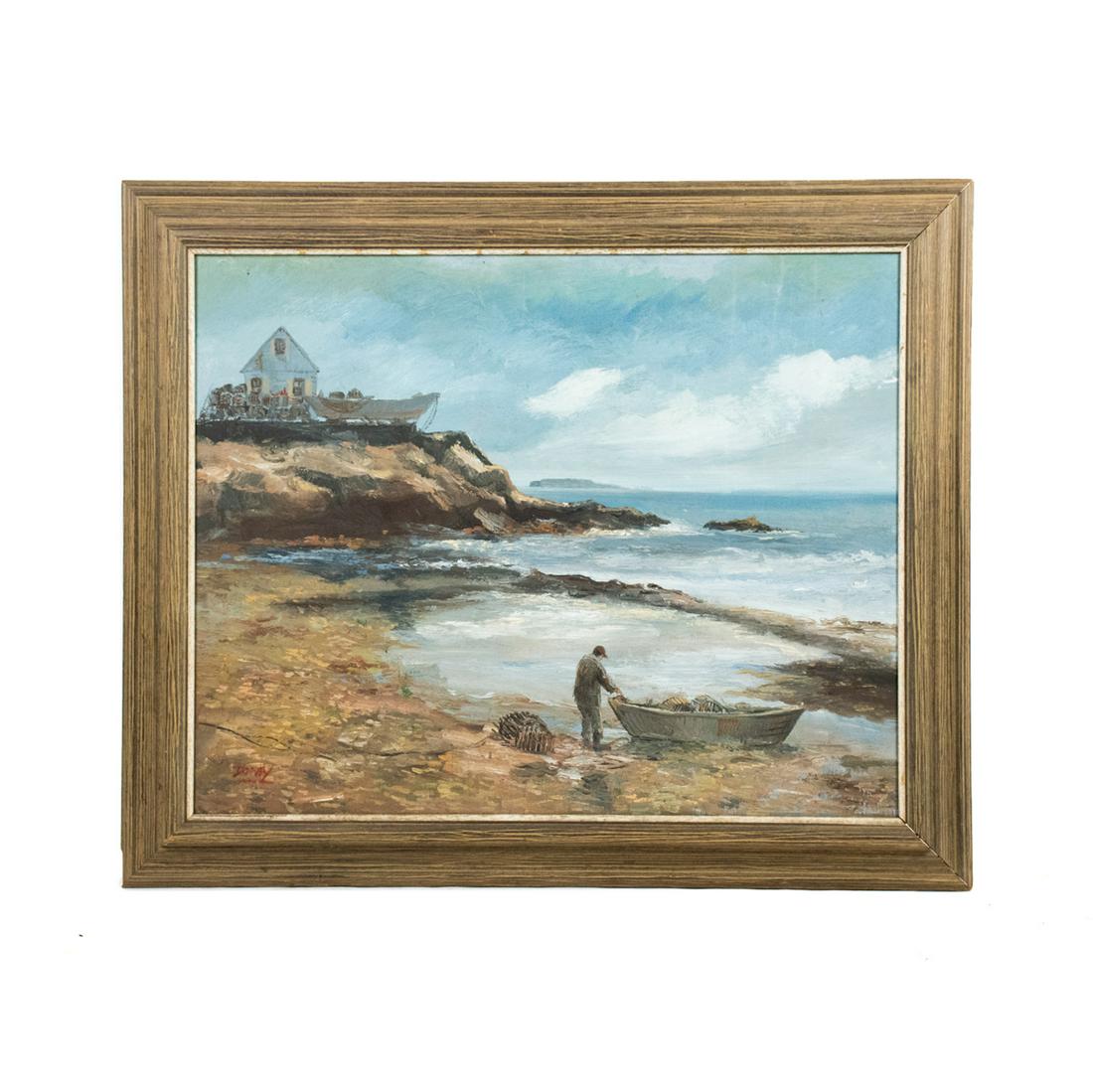 Robert Doney "Small Cove" Signed Oil on Canvas: A vintage oil on masonite board painting by Robert Doney (American, 1923-2012) titled "Small Cove" depicting a lobster fisherman on the Maine coast pulling in his boat with a lobster traps aboard. It