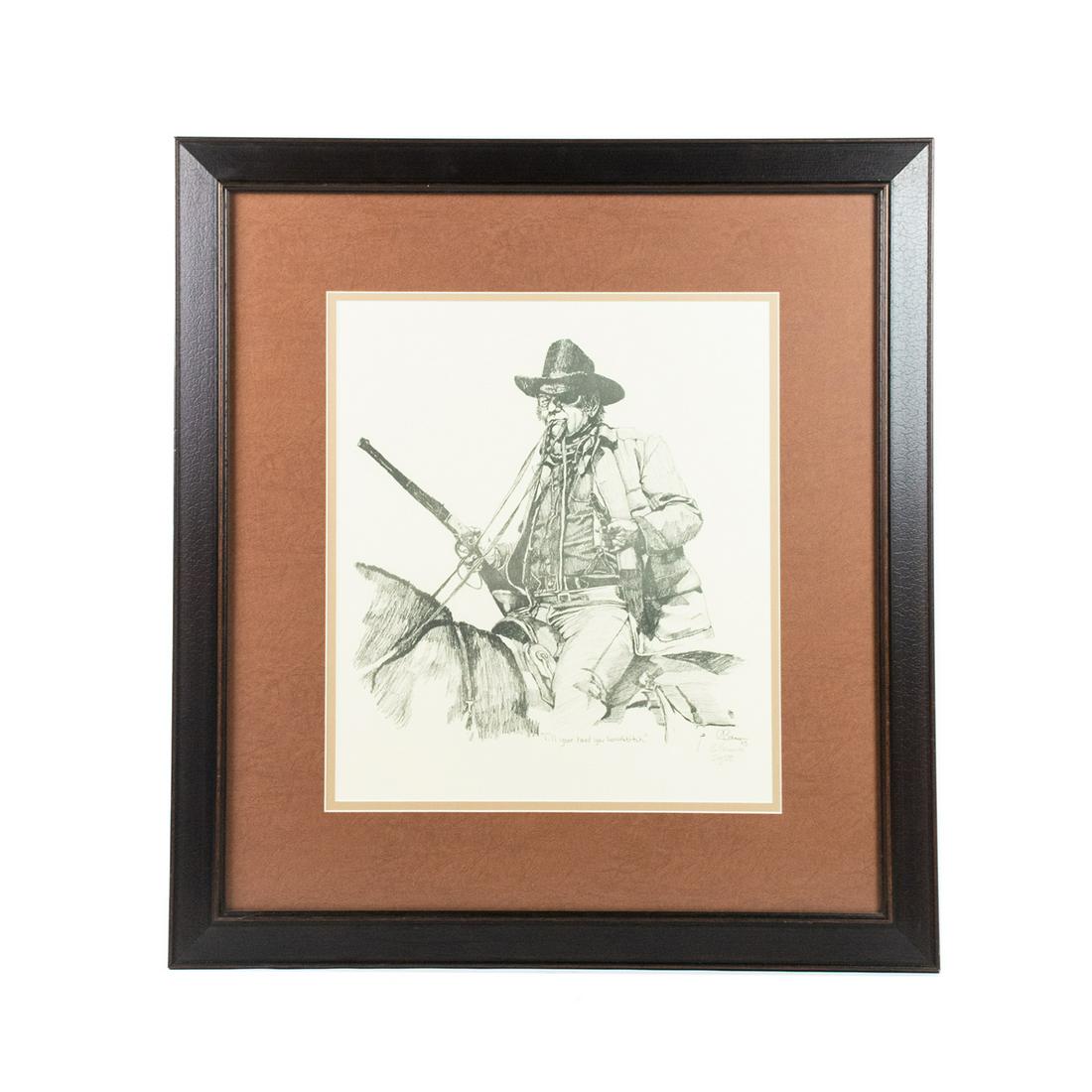 R. Brimer True Grit Etching Signed: An etching depicting Marshal Cogburn as portrayed by John Wayne in the 1969 Film True Grit with quote at bottom "fill yore hand you sonofabitch." Penciled signed lower right R. Brimer '91 numbered 5 o