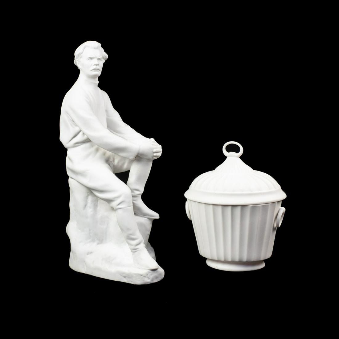 Lomonosov Gorky Bisque Figure and Boehm Lidded Bowl: Group of two including Soviet era production by Lomonosov porcelain bisque statue of Maxim Gorky sitting and a small lidded E M Boehm lidded candy or biscuit box.