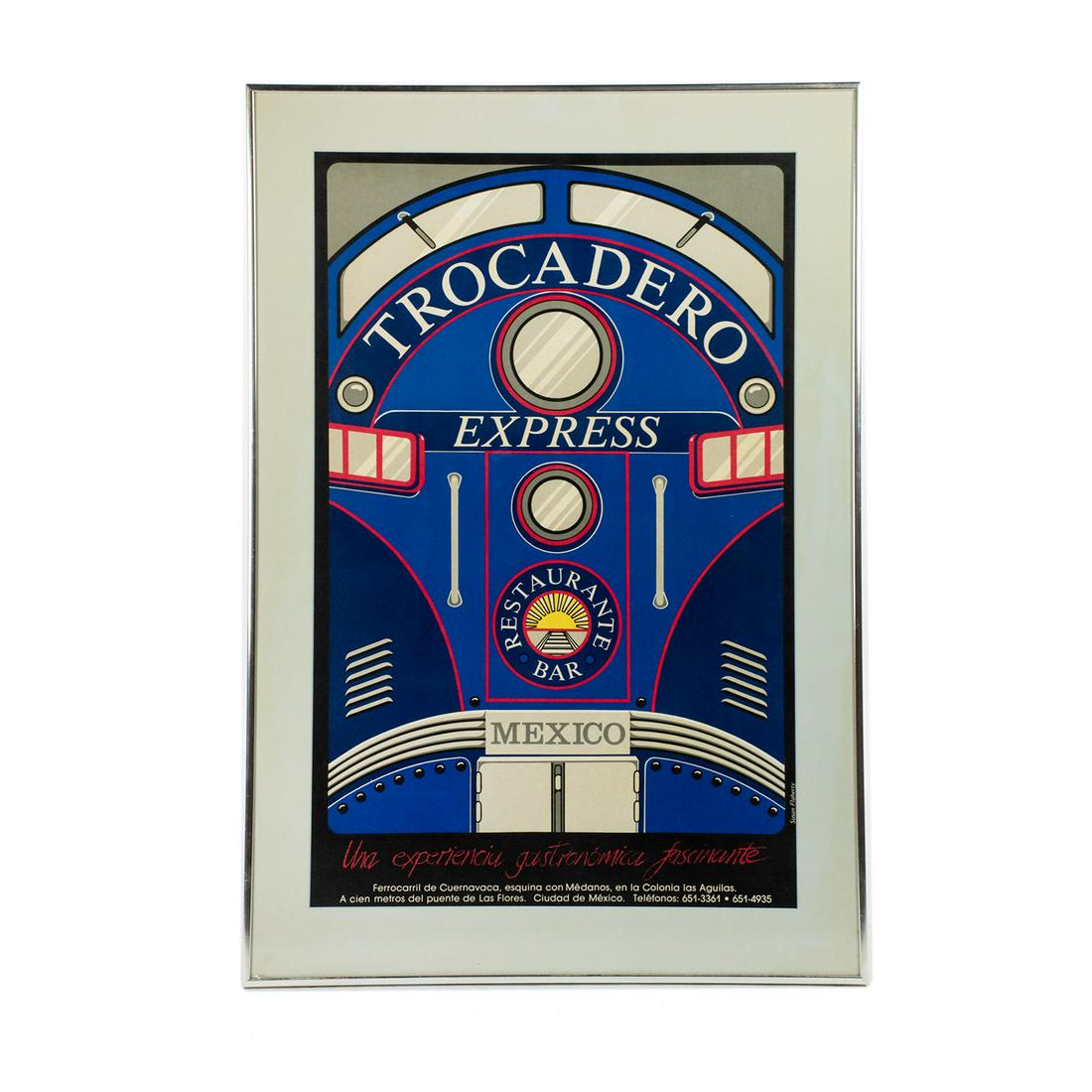Susan Flaherty 'Trocadero' Lithograph Poster Print: Susan Flaherty (American, 20th century) lithograph poster print titled 'Trocadero Express Restaurante and Bar, Mexico'. Presented in a silver metal frame.