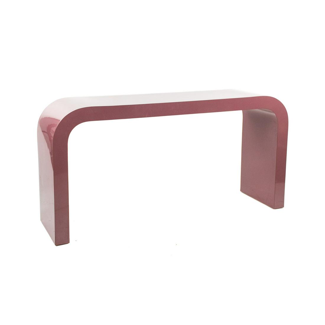 80's Postmodern Memphis Style Pink Waterfall Console: An early 80's Postmodern Memphis Style blush pink waterfall console table having curved top with two squared legs. Unmarked.