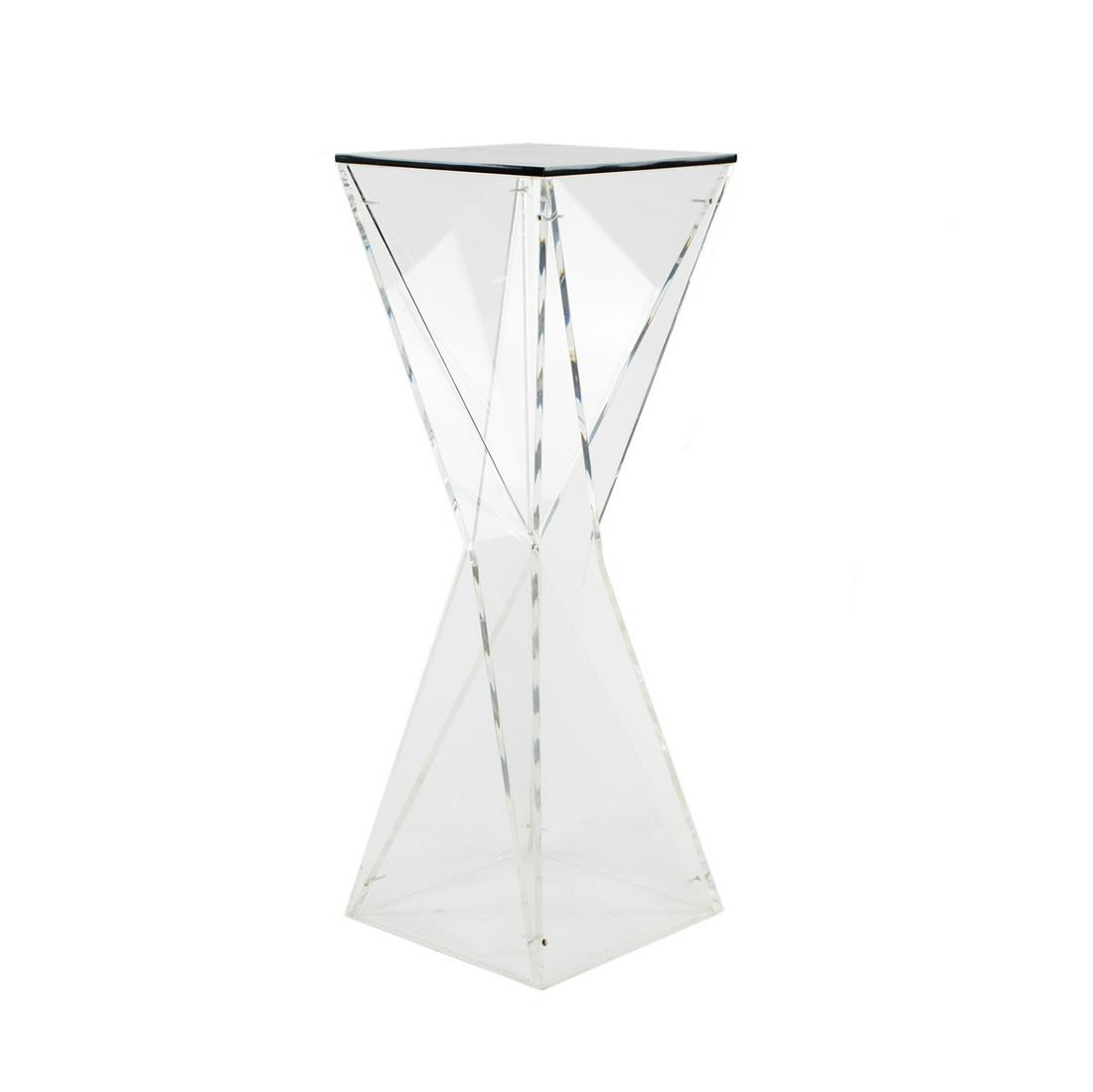 80's Memphis Style Lucite Pedestal Stand: An early 80's Modern black acrylic and clear lucite pedestal stand table having removable black top with geometric interior design. Unmarked.