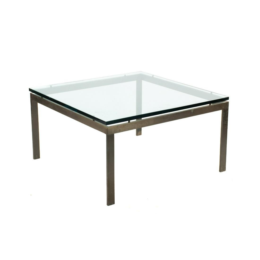 Modern Bronze and Glass Coffee Table by Mastercraft: A Modern square coffee / cocktail table by Mastercraft having solid bronze cast base with thick beveled floating glass top.