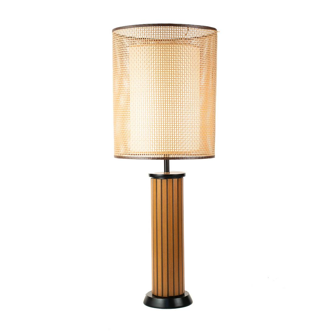 MCM Wegner for Gruvwood Rattan Double Shade Table Lamp: A mid-century modern Gruvwood table lamp designed by Hans Wegner having paneled wooden body with matte black accents and doubled rattan shade. Unmarked.