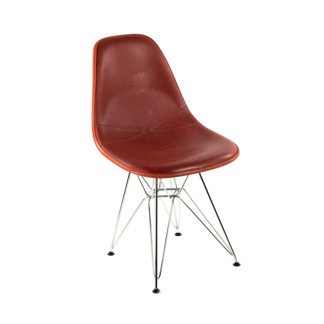 Eames for Herman Miller DSR Eiffel Tower Chair: A vintage Charles and Ray Eames for Herman Miller DSR dining side chair with steel wire 'Eiffel Tower' form base and reinforced fiberglass shelf seat with vinyl wrapped original tomato red vinyl uphol