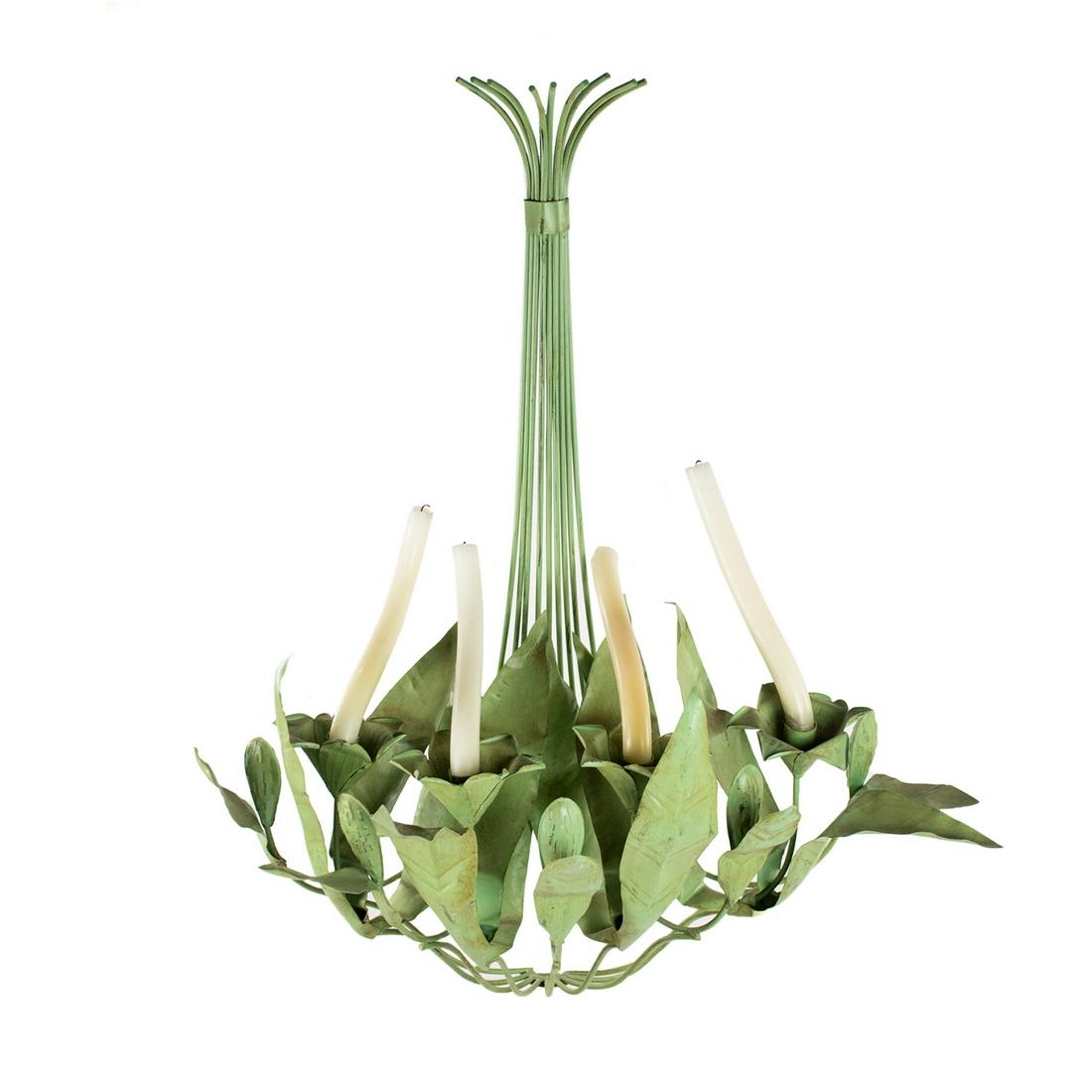 Italian Tole Painted Metal 4 Light Sconce: Italian Tole Metal Green Foliate form four candle position wall sconce having leave foliate form upturned decorative base with leaf form cups and a central bunched stem leading up the back for attachm