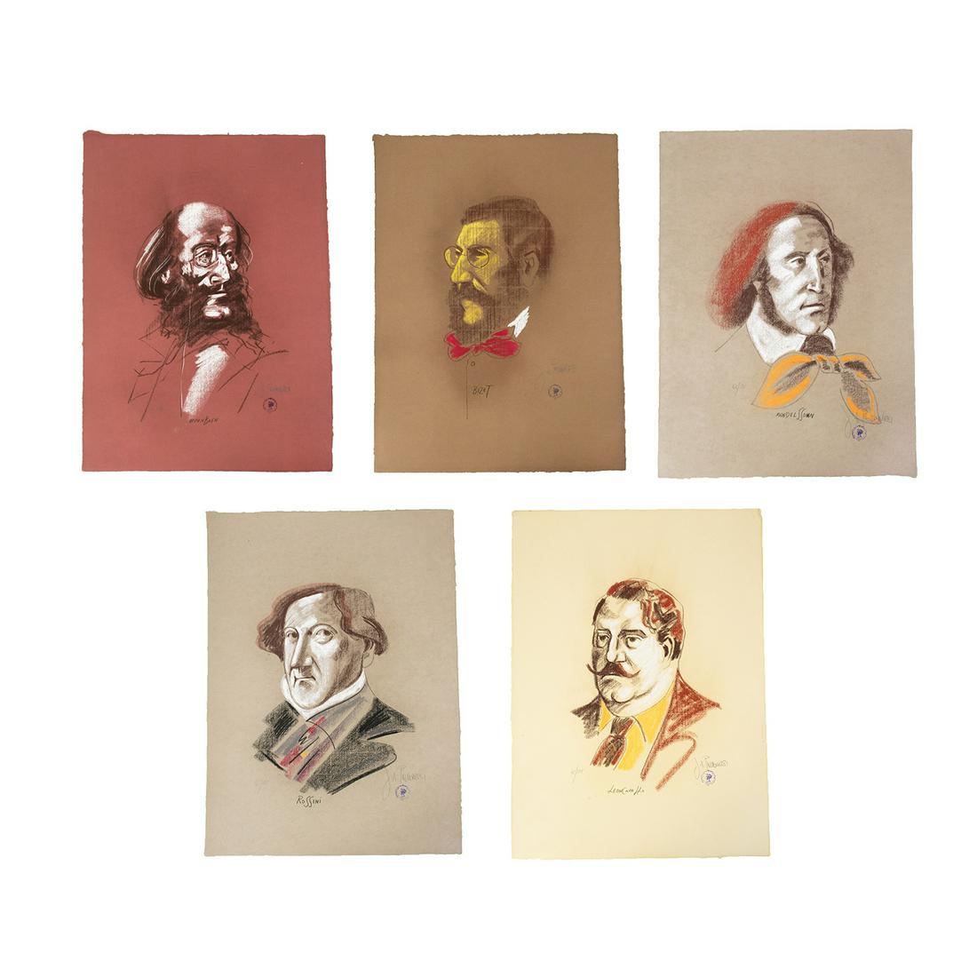 Joe A. Pecsenke Group of 5 'The Composers' Lithographs: Joe A. Pecsenke (Hungarian/American,1942-1989) grouping of five portrait pastel lithographs printed on colored paper. Depicting influential composers Jacques Offenbach, Georges Bizet, Gioachino Rossin