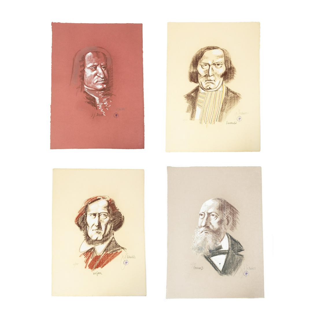 Joe A. Pecsenke Group of 4 'The Composers' Lithographs: Joe A. Pecsenke (Hungarian/American,1942-1989) grouping of four portrait pastel lithographs printed on colored paper. Depicting influential composers J.S. Bach, Charles Gounod, Richard Wagner, and Rob