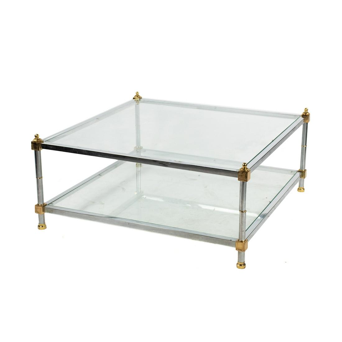 Maison Jansen Style Square 2 Tier Glass Coffee Table: A Maison Jansen Hollywood Regency style square two tier glass coffee table having metal frame with brass finials. Unmarked.