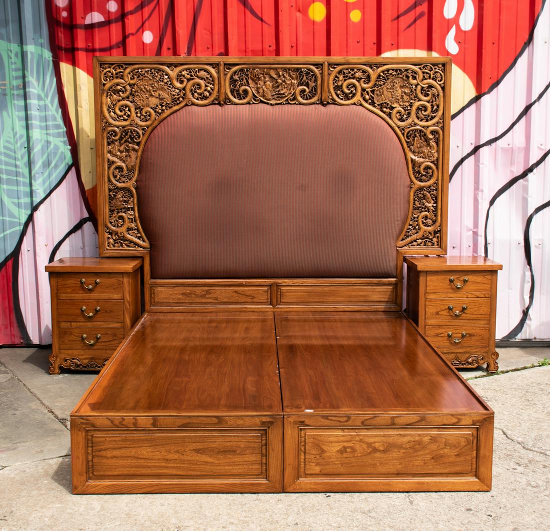 18th C Elm Chinese Archway Bed: An 18th century hand carved archway removed from an ancestral home that was demolished in Guangdong province and repurposed into a headboard for a custom Chinese platform bed. The archway part of the