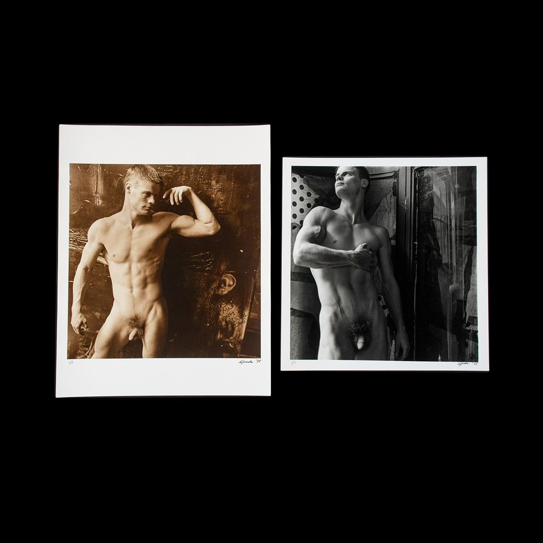 James Spada Signed Silver Gelatin Photograph - 1/1: A vintage limited edition black and white silver gelatin photograph by James Spada circa 1998. This work is titled "Shane" and depicts a nude male subject standing in a doorway. It is signed and dated