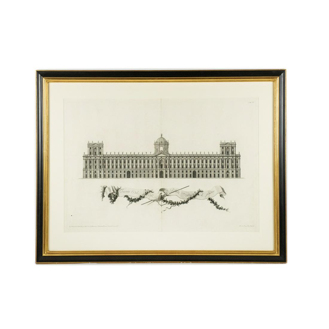 18th C. Italian Engraving After Luigi Vanvitelli: An 18th century antique Italian engraving after architect Luigi Vanvitelli (Italian, 1700-1773) printed by Rocco Pozzi (Italian, active c. 1750). This architectural work depicts a large palace and is