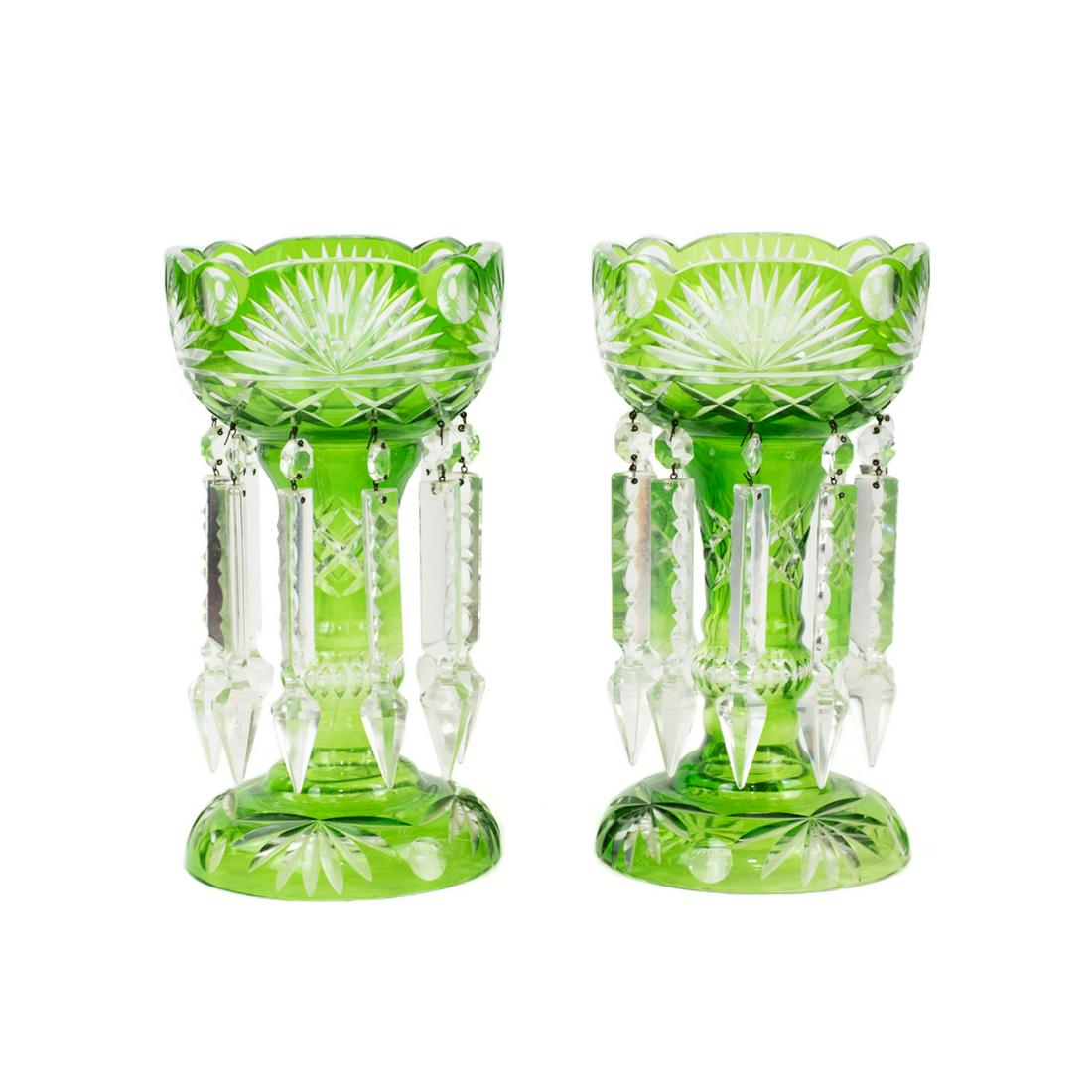 Pair of Bohemian Green Cut Glass Mantle Lusters (1 of 10)