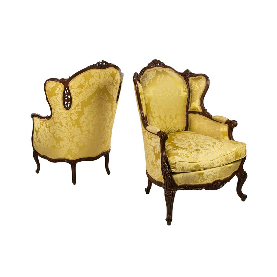 Pair of French Louis XV Gold Silk Wingback Chairs (1 of 19)
