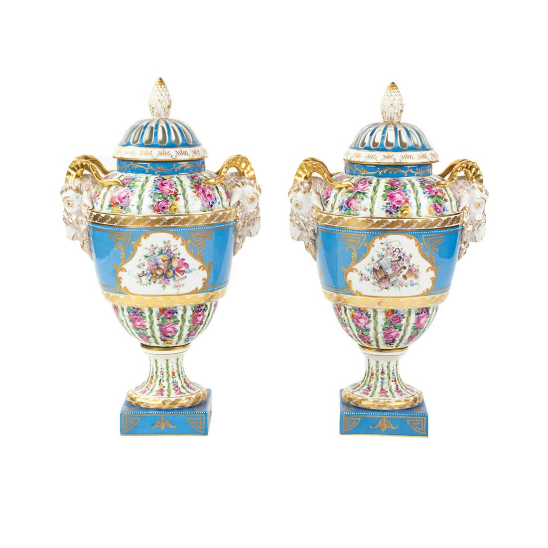 Pair of Dresden Germany Porcelain Floral Lidded Urns (1 of 20)
