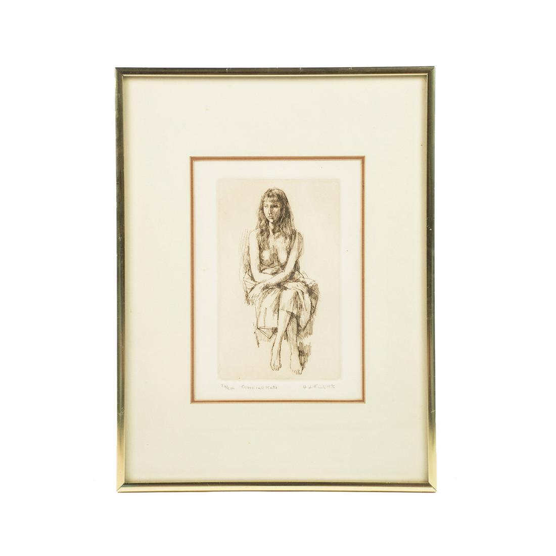 Herbert L Fink Signed Etching on Paper Portrait: A vintage limited edition etching on paper by Herbert Lewis Fink circa 1976 titled "Classical Kate" depicting a full-body portrait of a seated nude woman with cloth draped over her lap. It is signed a