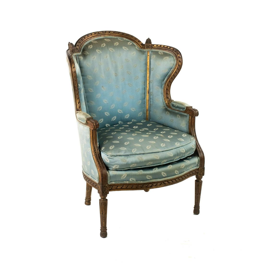 French Louis XVI Gilt Silk Upholstered Wingback Chair (1 of 16)