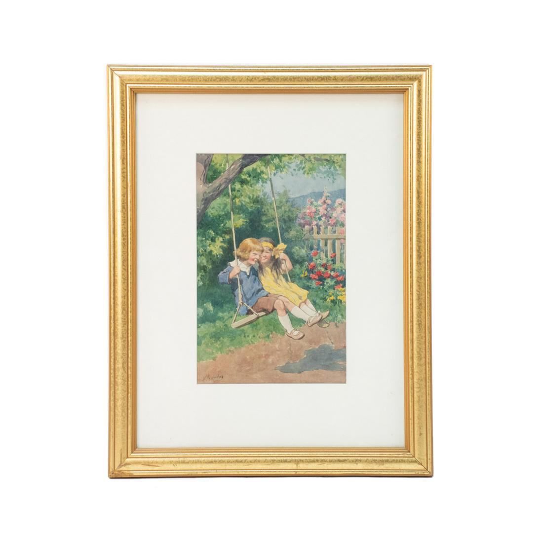 Karl Feiertag Signed Watercolor on Paper: A vintage watercolor on paper painting by Karl Feiertag (Austrian, 1874-1944) depicting a pair of young girls swinging from a tree in a yard. It is signed to the lower left and presented in a giltwood