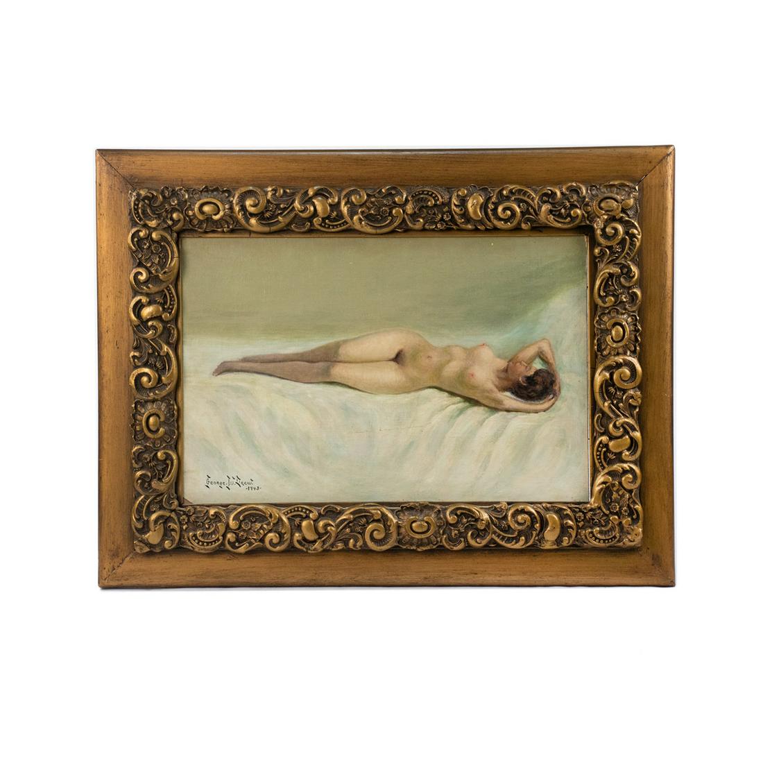 George W. Drew Signed Oil on Board c. 1943: A vintage oil on board painting by George W. Drew (American, 1875-1968) circa 1943 depicting a nude woman peacefully reclined on a large white sheet. It is signed and dated to the lower left and prese