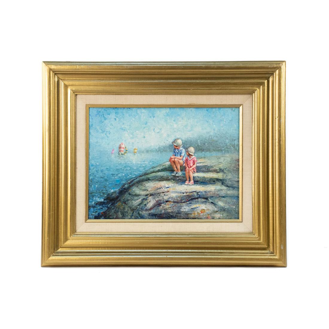 Rufino Ceballos Signed Oil on Canvas: A vintage oil on canvas painting by Rufino Ceballos (Spanish, 1907-1970) depicting a pair of young girls sitting on a large rock at the beach overlooking distant boats in the ocean. It is signed to th