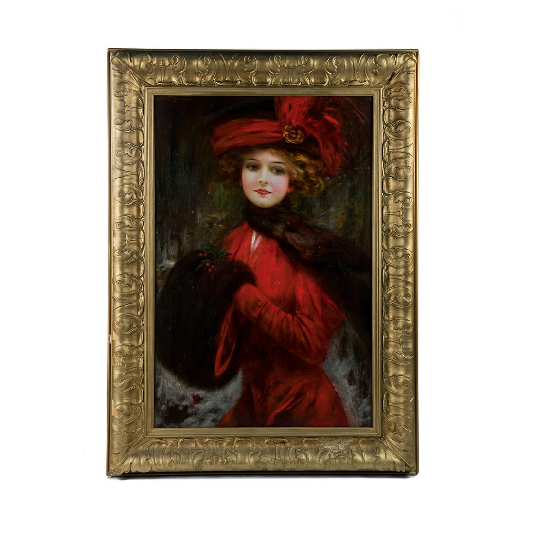 Leon Moran Signed Oil on Canvas: An antique oil on canvas painting by Leon Moran (American, 1864-1941) depicting a woman dressed in an elegant red gown and hat, as well as a fur scarf and hand muff. It is signed to the upper right an