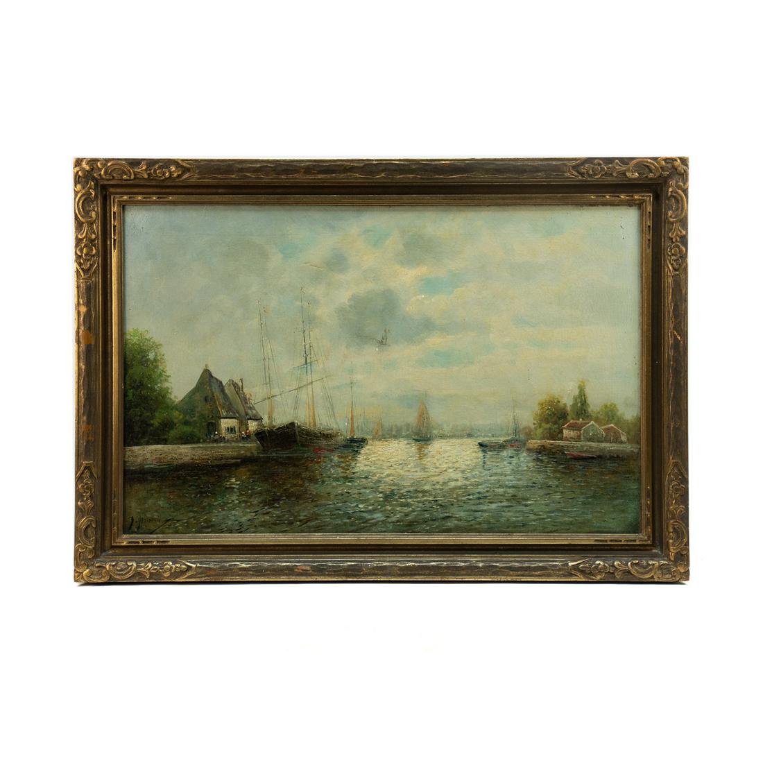 J. Morell Signed Dock Scene Oil on Canvas (1 of 18)