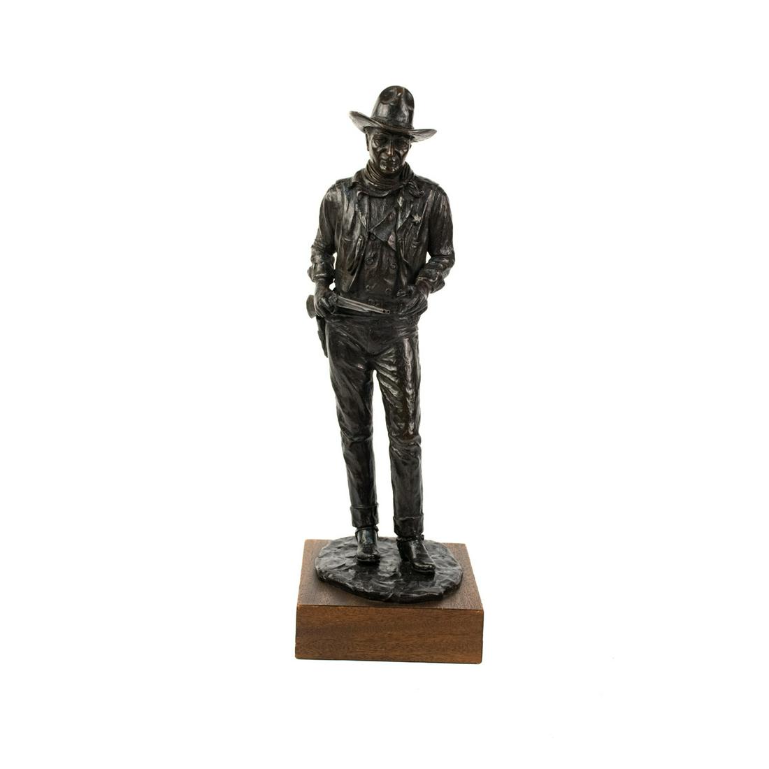 Gerson Frank Signed Bronze Cowboy Sculpture - 3/30: A vintage limited edition bronze sculpture by Gerson Frank circa 1980 depicting a cowboy with his gun drawn raised atop a rectangular wooden base. It is signed, dated, and numbered "3/30".