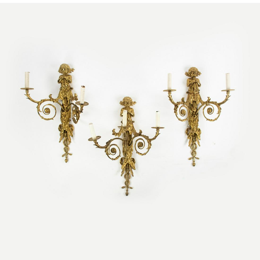 Set of 3 French Louis XVI Style Brass Cherub Sconces (1 of 20)
