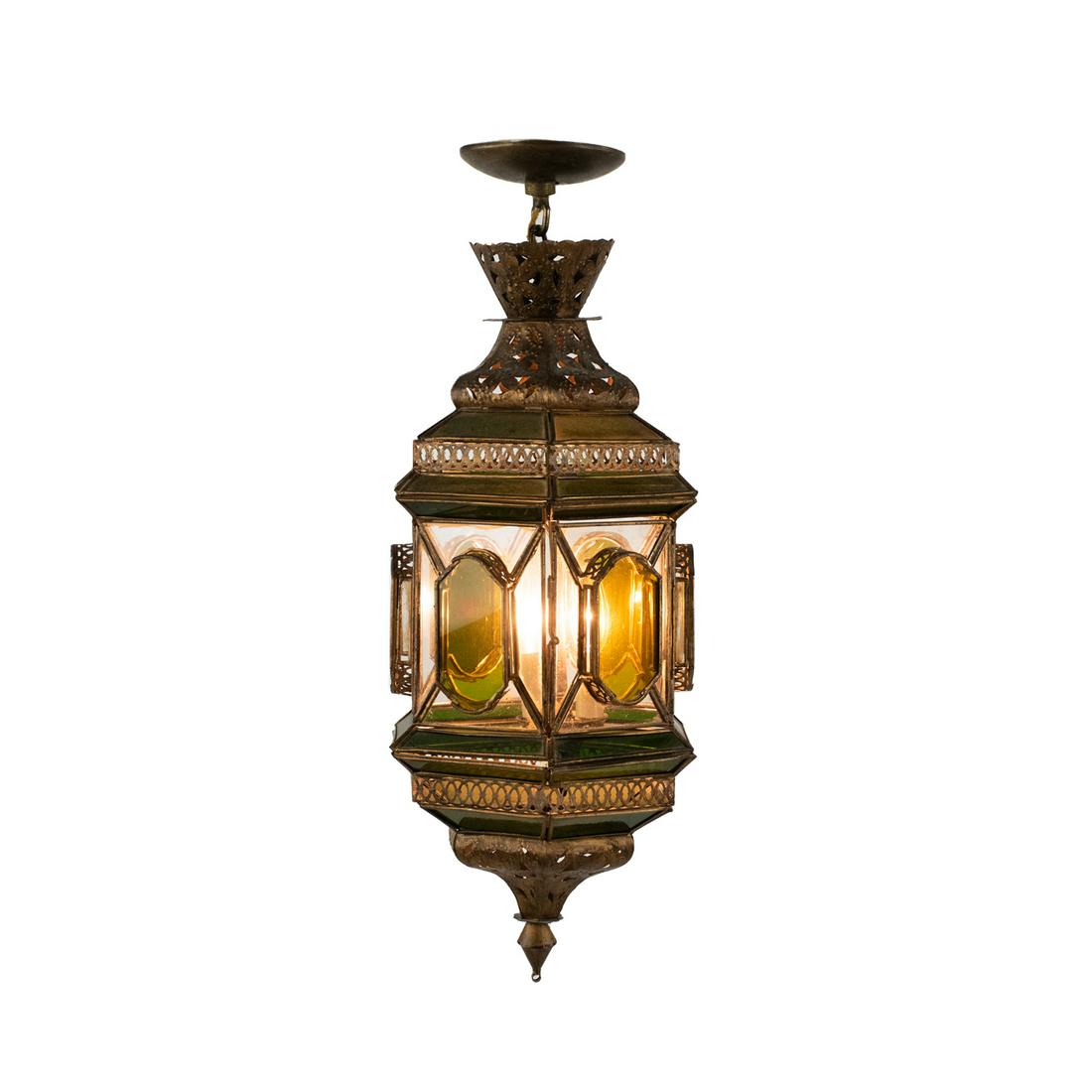 Moorish Style Bronze & Green Glass Hanging Lantern (1 of 16)
