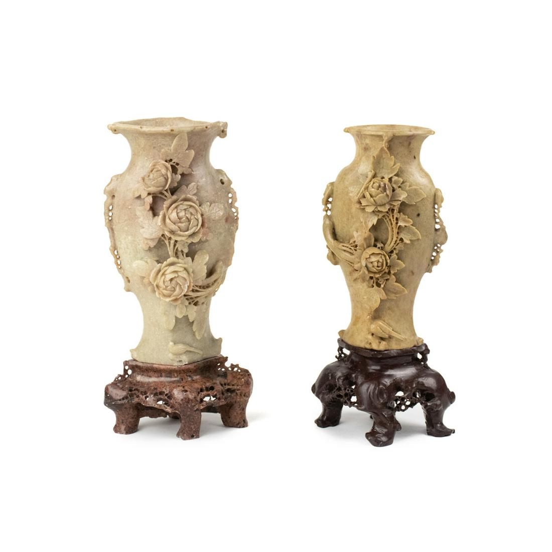 (2) Chinese Carved Soapstone Vases with Bases (1 of 19)
