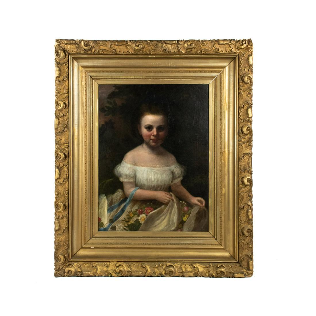 18th C. English School Girl w/ Flowers Oil on Canvas (1 of 15)
