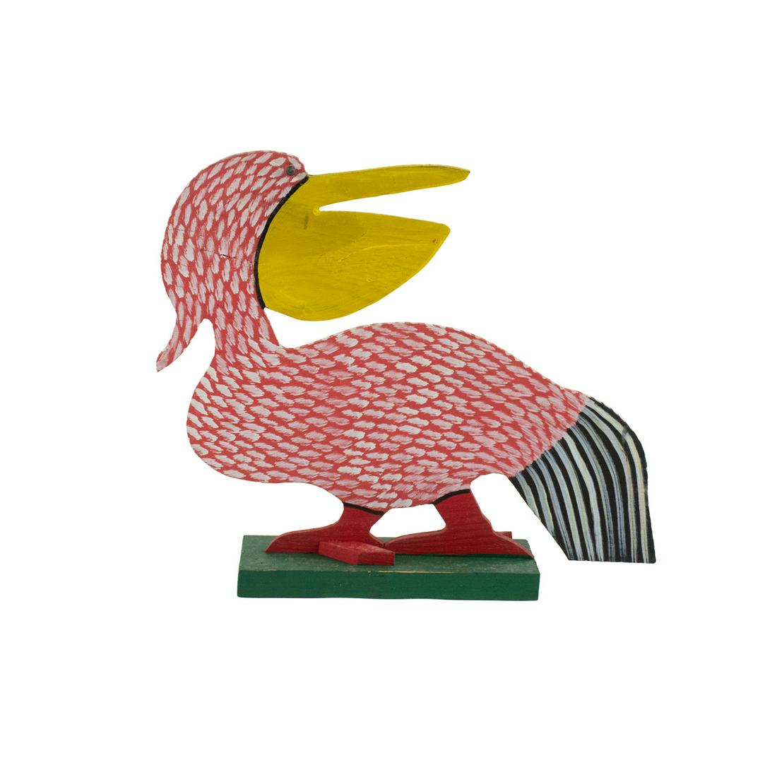 Marvin Finn Folk Art Pelican Wood Painted Sculpture: A 1990 Folk Art carved and painted pelican sculpture by Marvin Finn (American,1913-2007) depicting a pelican with mouth open resting atop wood block base. Signed and dated on underside.