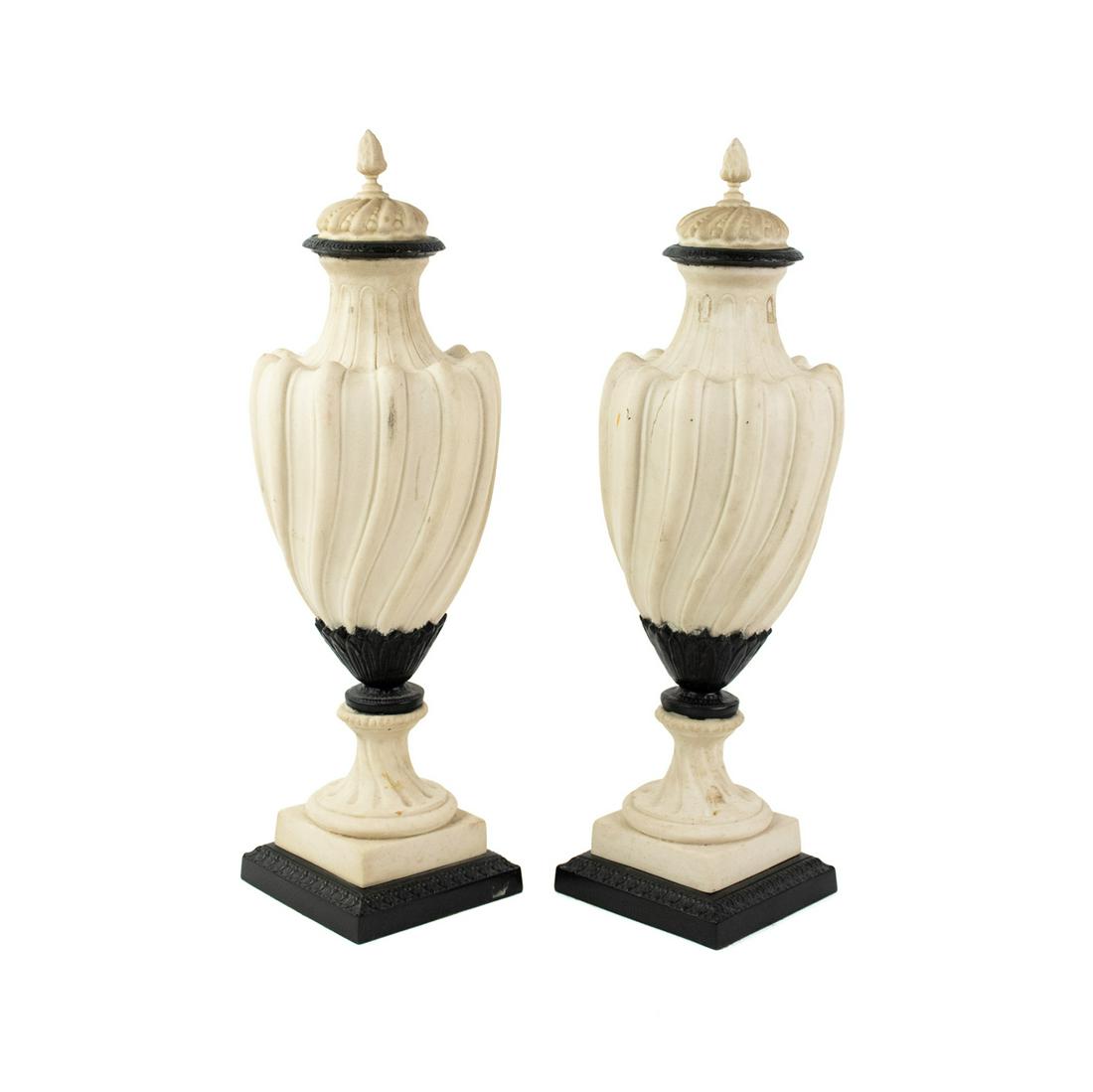 Pair of Spiral Fluted Cast Stone Neoclassical Urns (1 of 15)