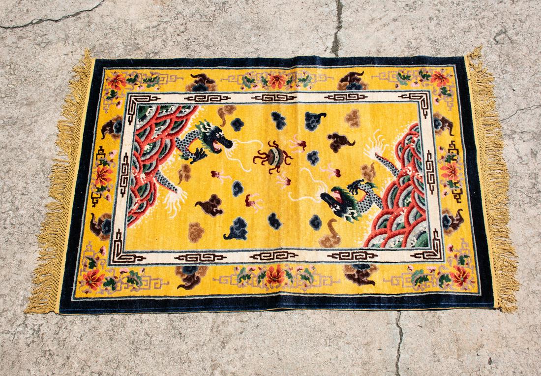 Chinese Art Deco Yellow Silk Dragon Tapestry Rug (1 of 13)