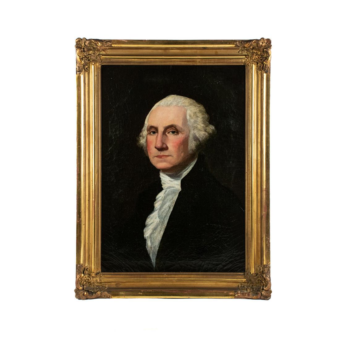 Antique Oil on Canvas George Washington Portrait: An antique oil on canvas mounted to board painting of George Washington after Gilbert Stuart. Presented in carved gilt frame. Unsigned. Sight: 26" x 18"