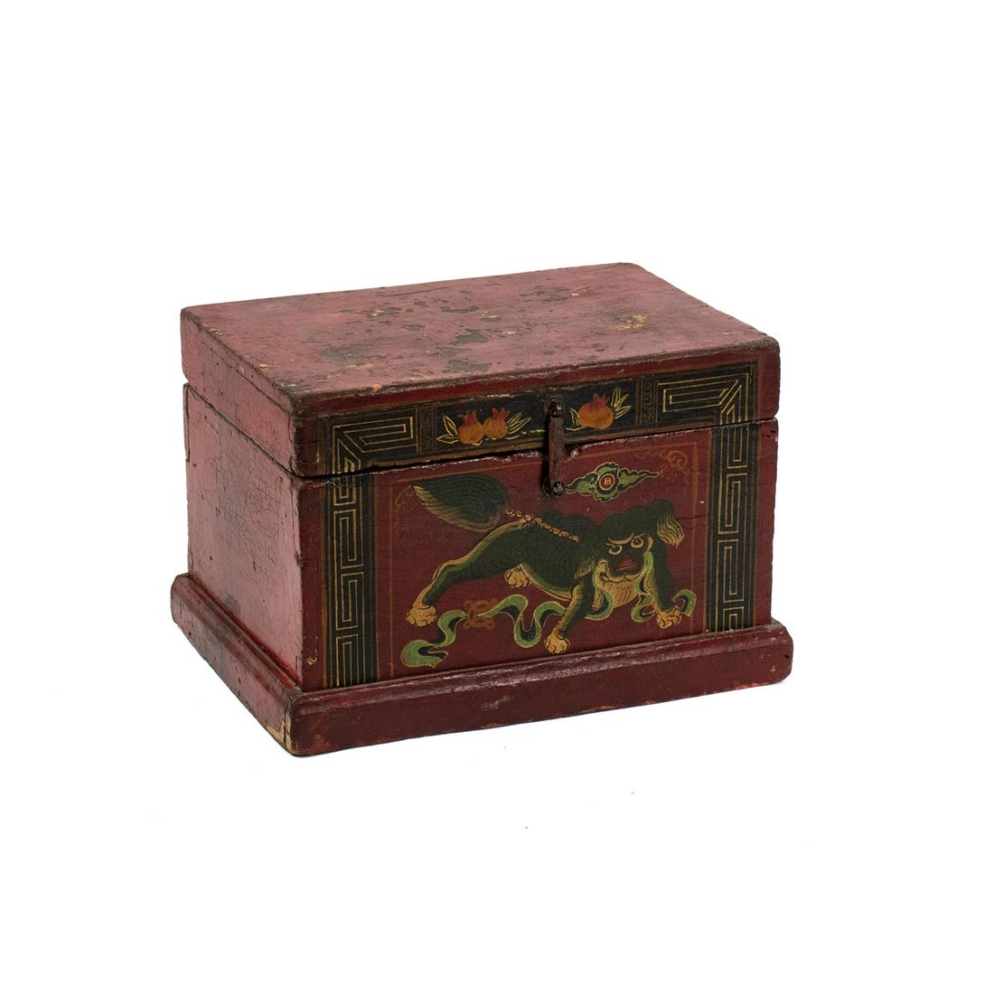Antique Chinese Red Lacquered Wooden Fu Dog Motif Box (1 of 15)