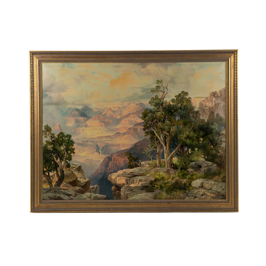 Thomas Moran Grand Canyon Original 1913: An antique 1913 original chromolithograph titled 'Grand Canyon of Arizona / From Hermit Rim Road' by Thomas Moran (American, 1837-1926). Signed in print lower left. Housed in wooden frame. Sight: 26.2