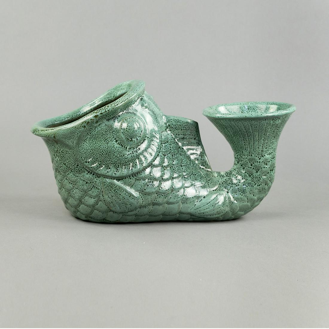 Hollywood Regency Large Green Glaze Koi Fish Planter (1 of 10)