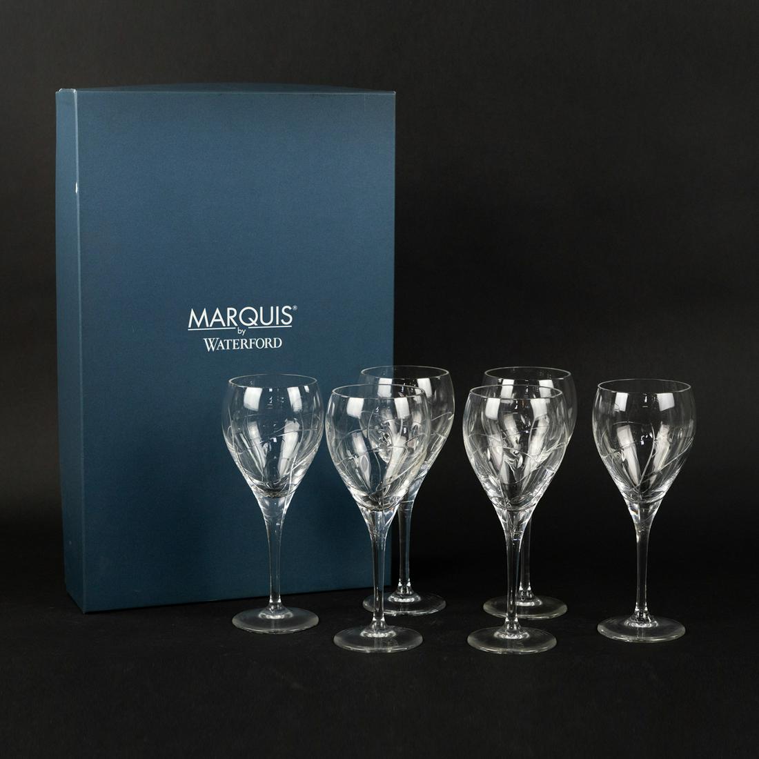 (6) Set of 6 Marquis for Waterford Crystal Wine Glasses: A set of six (6) Marquis for Waterford Caelyn Collection crystal wine glasses having swirl design. Marked on base.