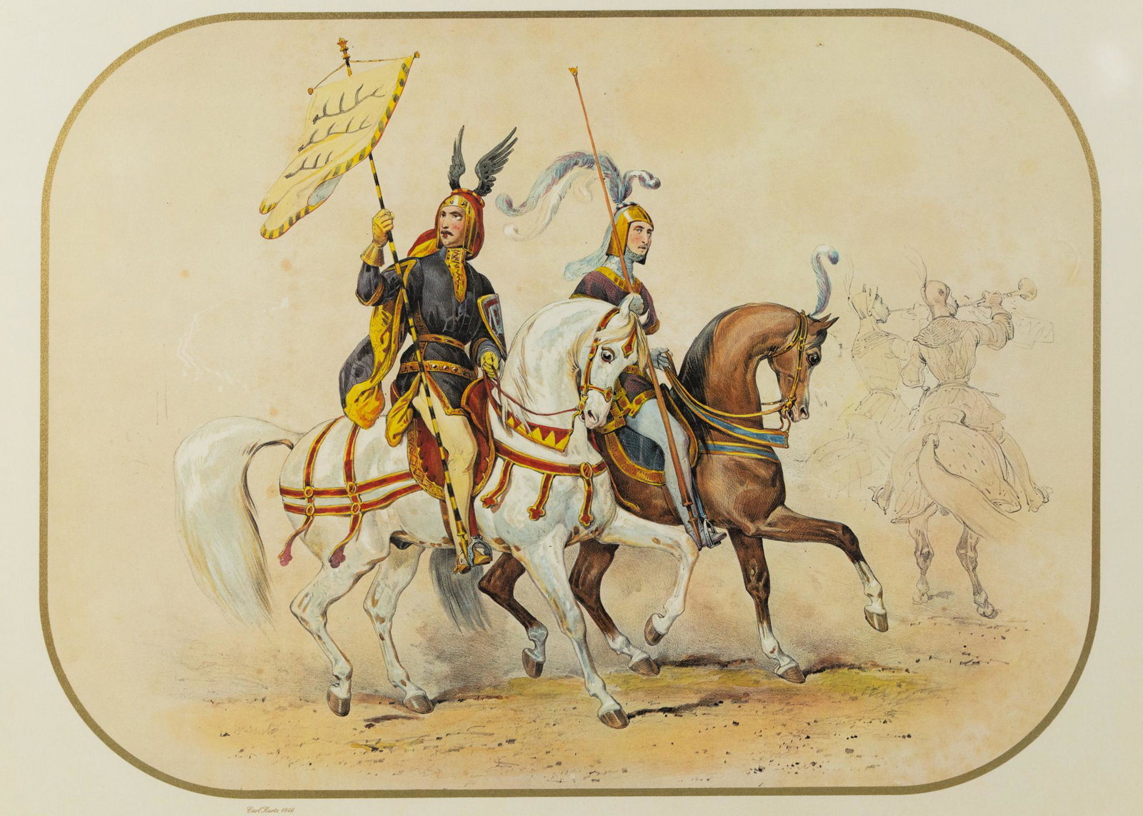 Colored Lithograph After Carl Kurtz for 'Das Caroussel': A 'GRANOLITHO' colored lithograph after a Carl Kurtz (German, 1817-1887) painting titled 'Standard Bearer and Count Curt Puckler and Count Ferdinand Zeppelin' depicting noblemen Count von Puckler and 