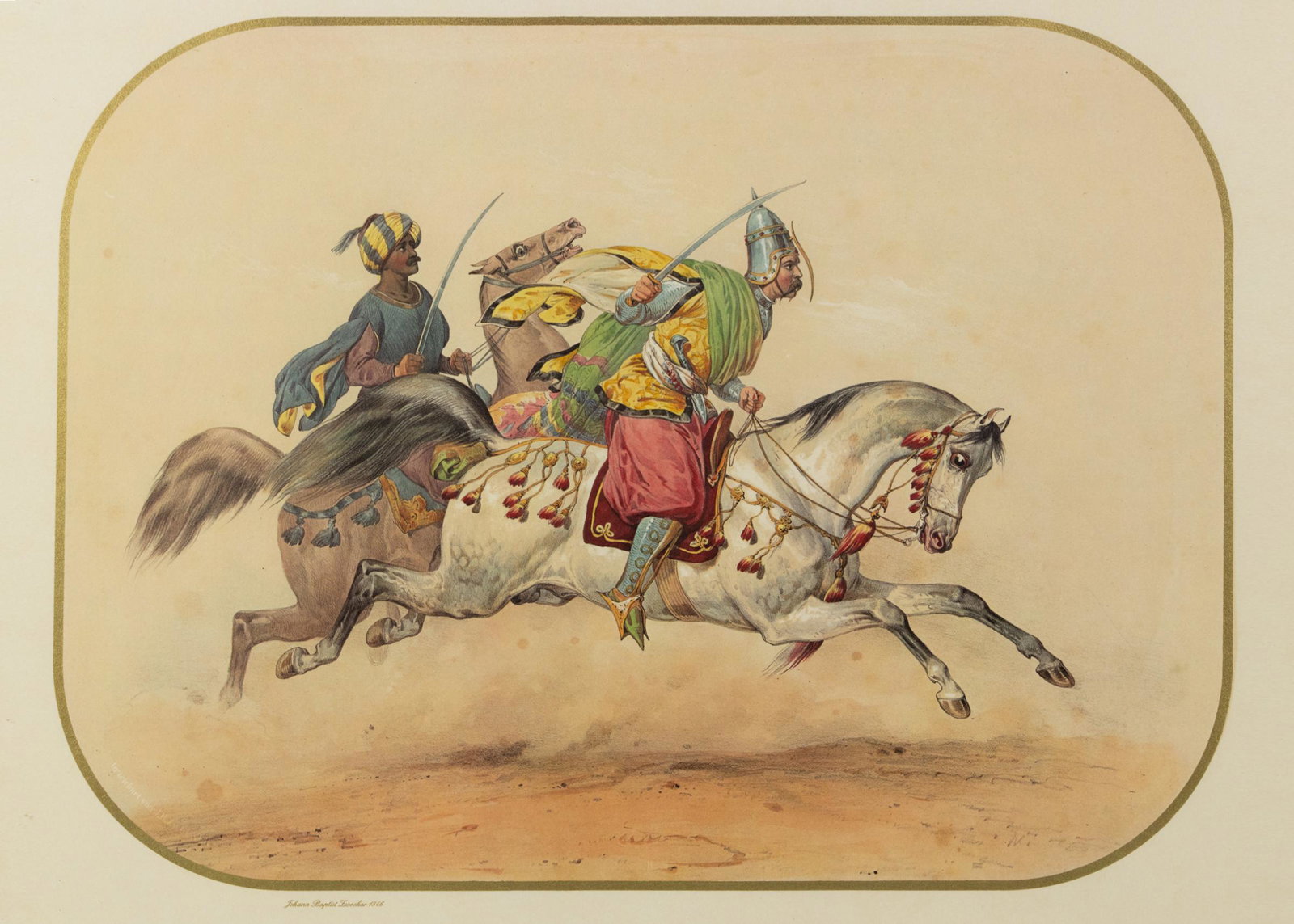 Lithograph After J. Baptist Zwecker for 'Das Caroussel': A 'GRANOLITHO' colored lithograph after a Johann Baptist Zwecker (German, 1814-1876) painting titled 'Saracen Race' depicting His Grace the Prince zu Hohenlohe-Oehringen participating in the royal Eur