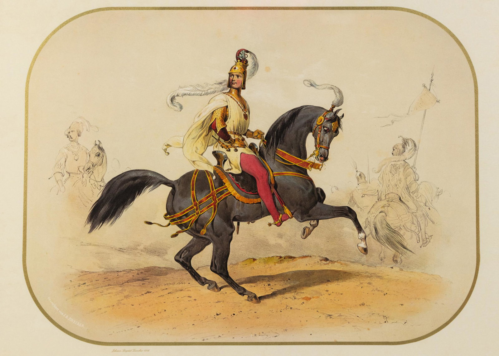 Lithograph After J. Baptist Zwecker for 'Das Caroussel': A 'GRANOLITHO' colored lithograph after a Johann Baptist Zwecker (German, 1814-1876) painting titled 'The Lord of The Tournament: His Royal Highness Crown Prince Karl von Wurttemberg' depicting Prince